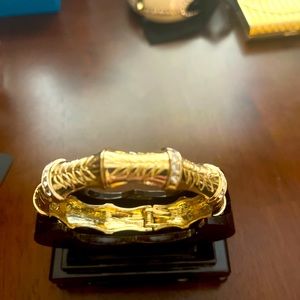 BRACELET ~ Yellow gold bamboo and diamond bangle. Hinged bracelet.